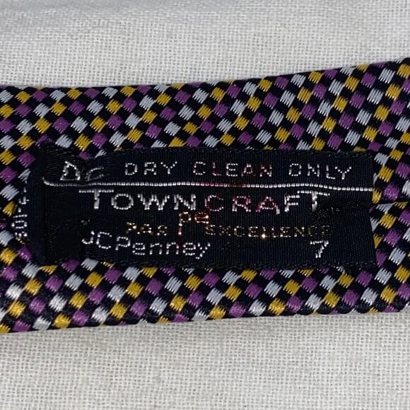 Vtg Towncraft Necktie Purple Yellow Mini Check Woven Trevira 57 x 4 90s Suit - Picture 4 of 7